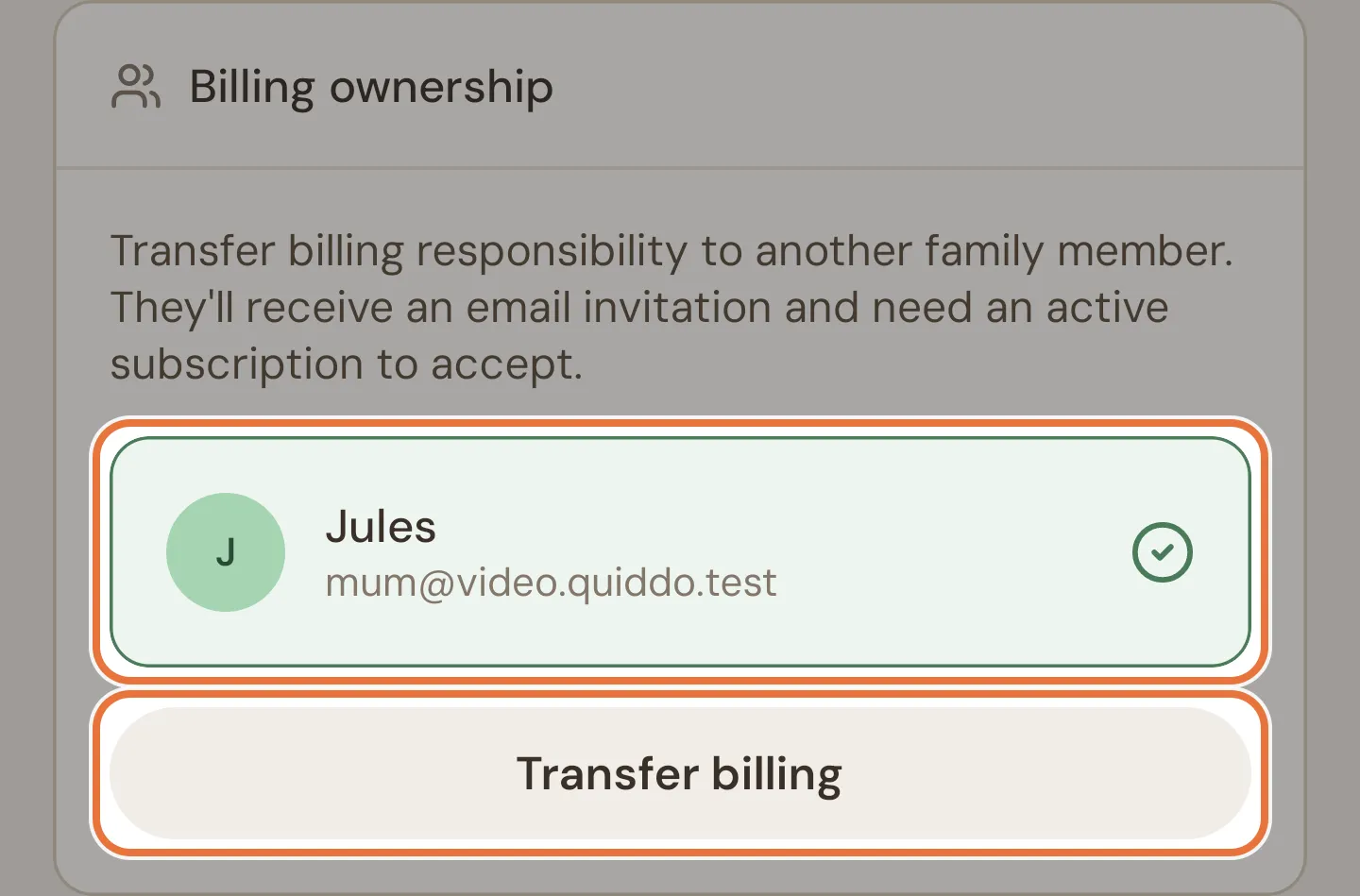 Billing ownership card with a co-parent selected and a Transfer billing button