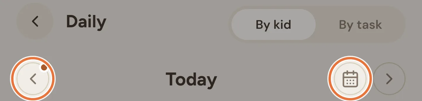 Daily screen date bar with previous day arrow and calendar button