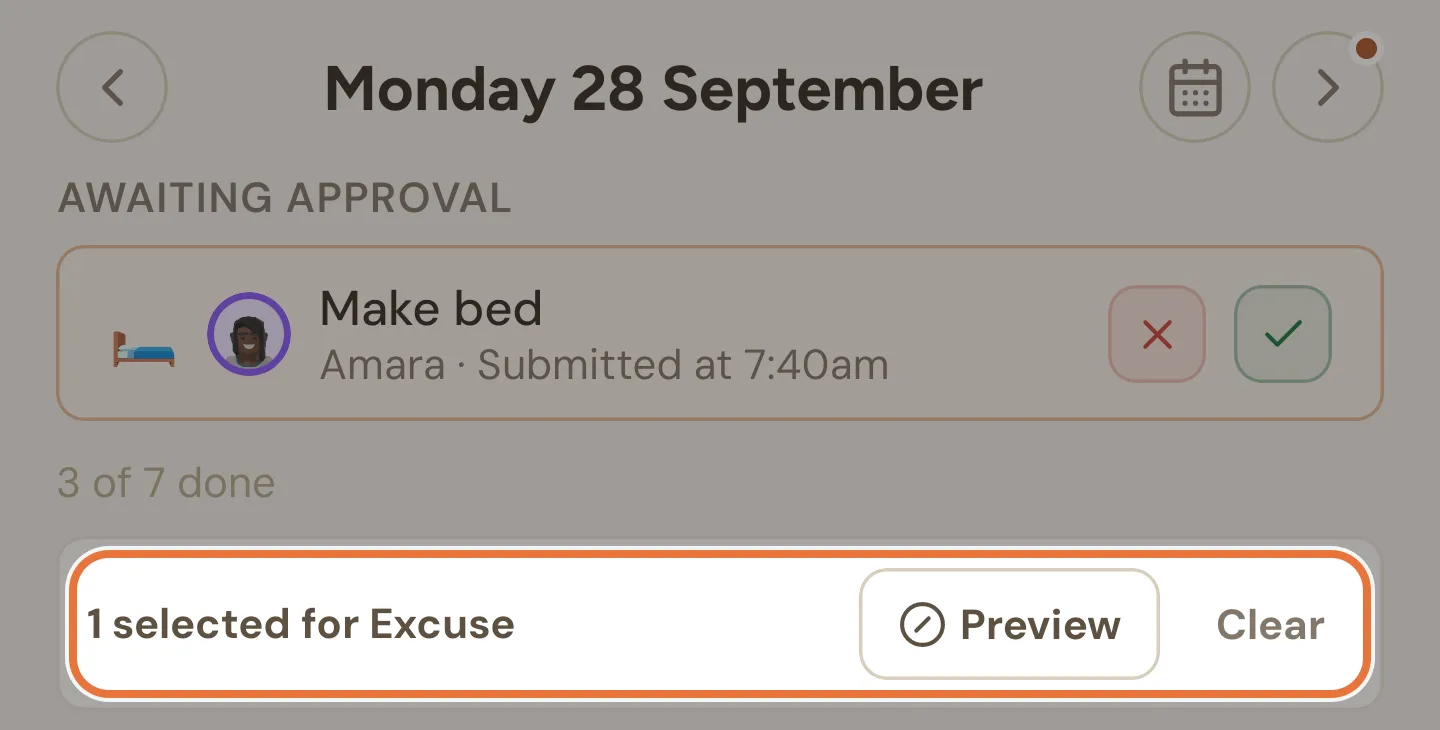 A bar reading 1 selected for Excuse, with Preview and Clear buttons