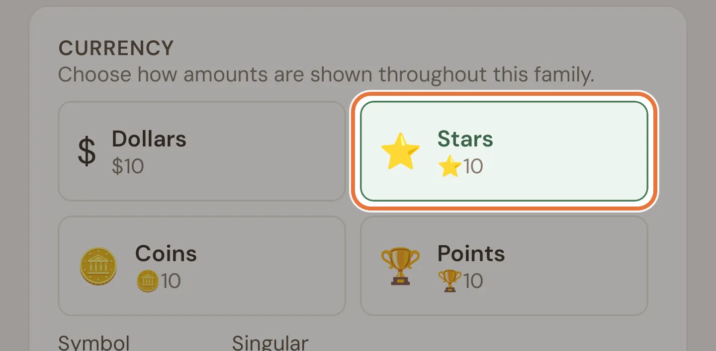 Currency presets for Dollars, Stars, Coins and Points, with Stars selected
