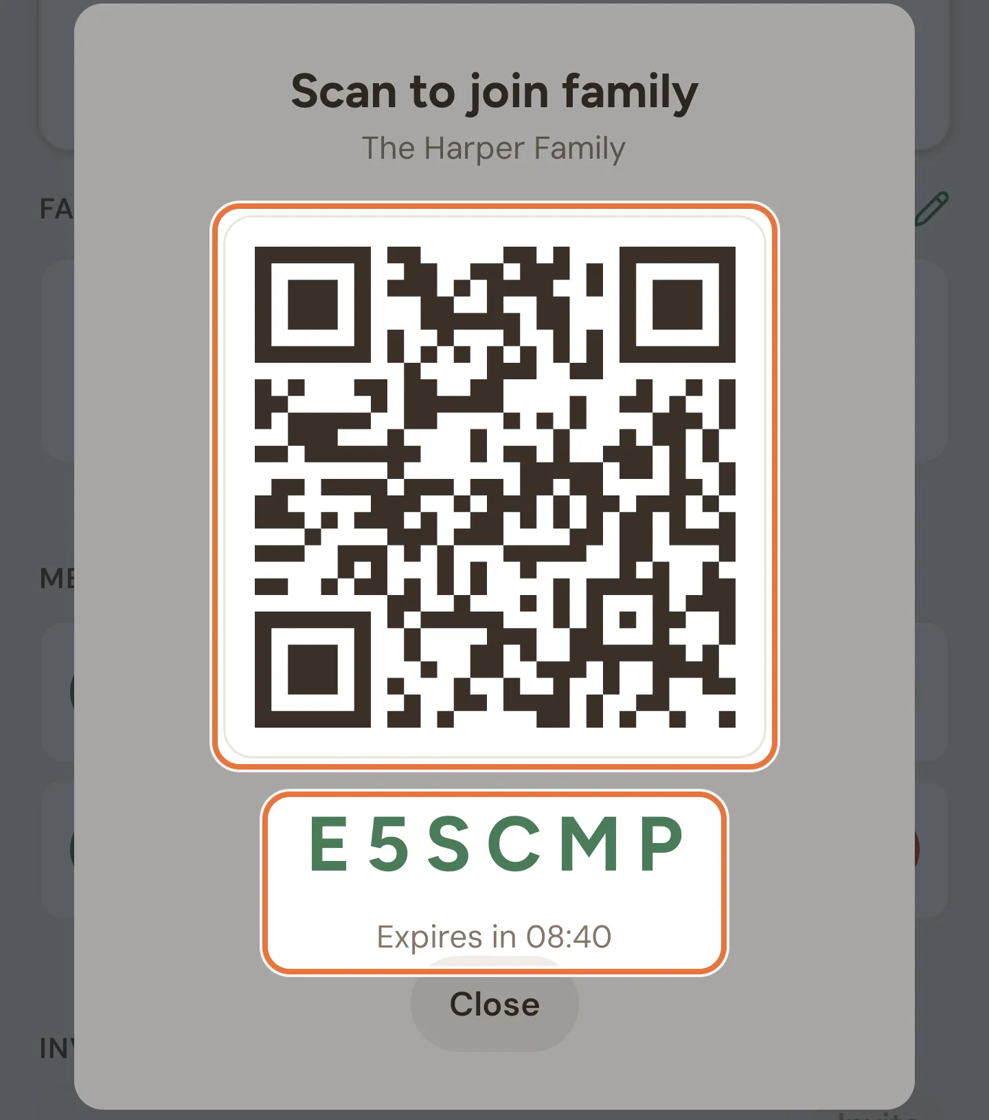 Scan to join family screen with a QR code, a six-character code and a countdown