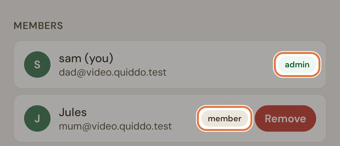 Members list showing each parent's name and email, an admin or member badge and a Remove button