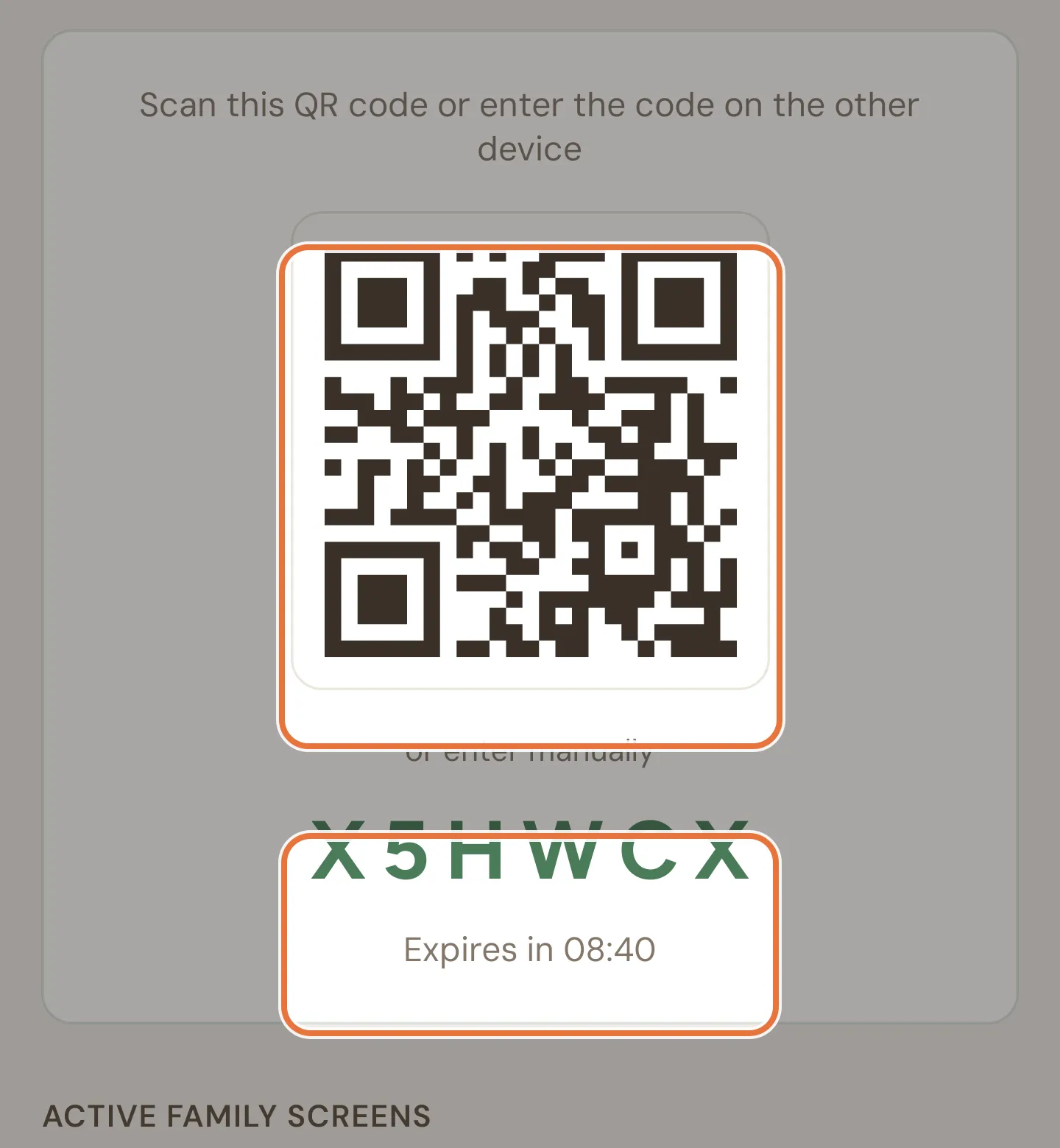 Family screen card showing a QR code, a six-character code and an Expires in countdown