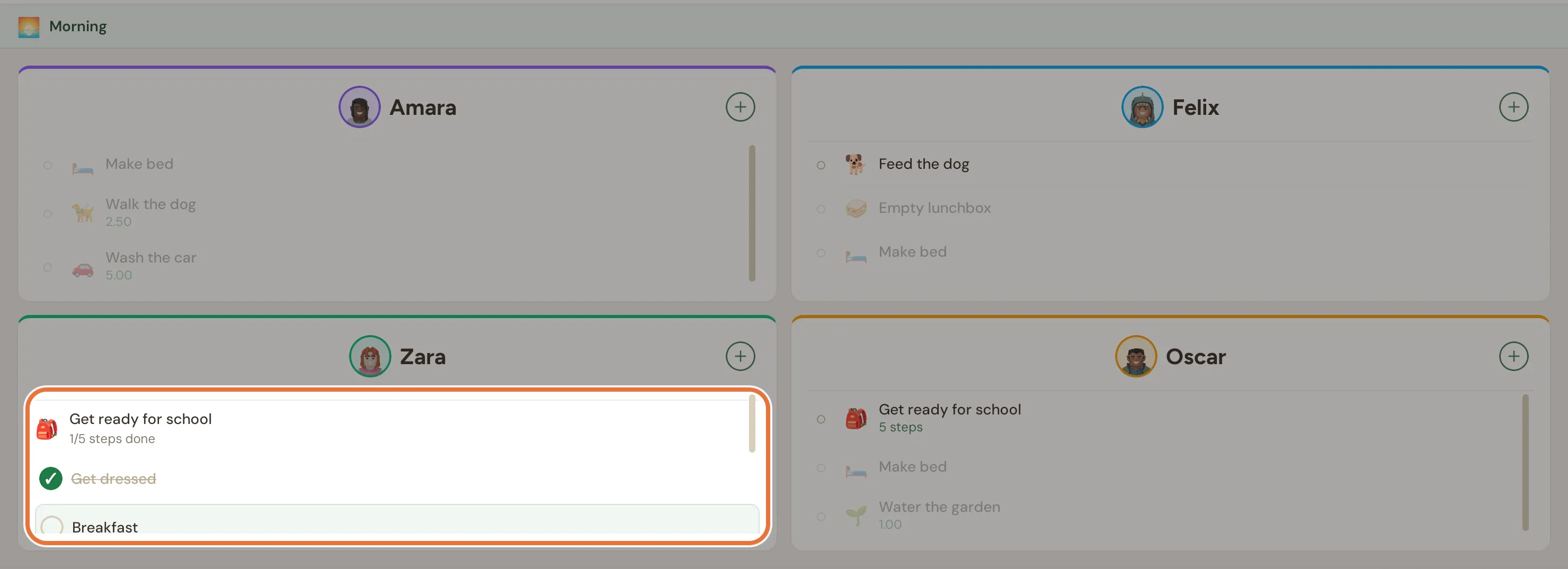 The family screen's Today board with a card for each kid, one showing a checklist in progress