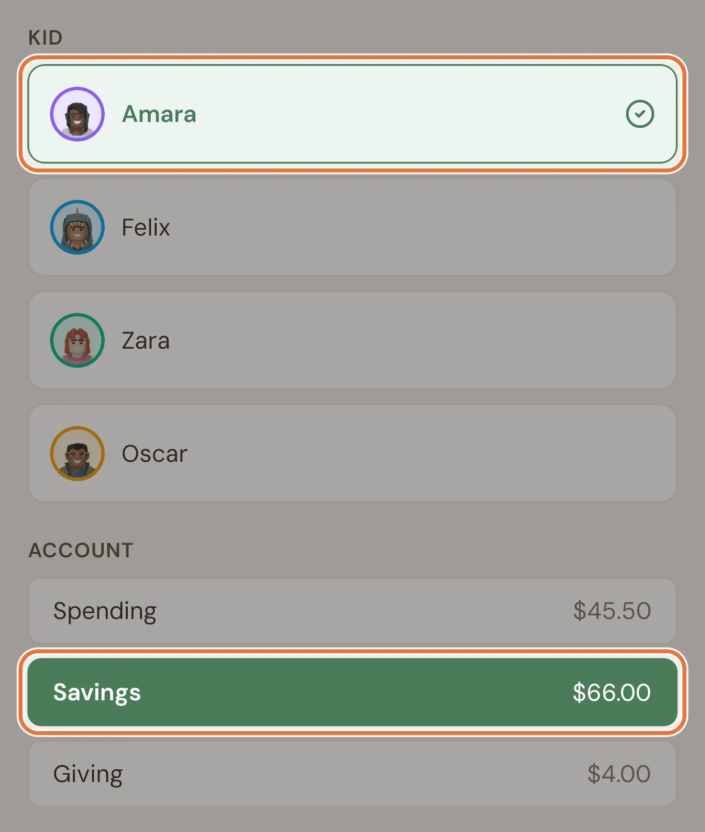 New goal form with a kid selected and the Savings bucket selected, showing its balance