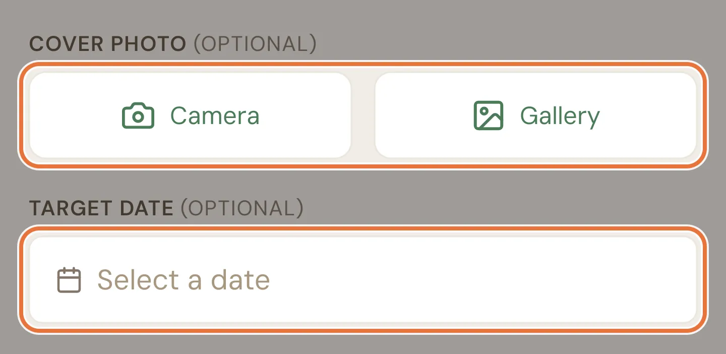 Cover photo buttons for camera and gallery, and a target date field