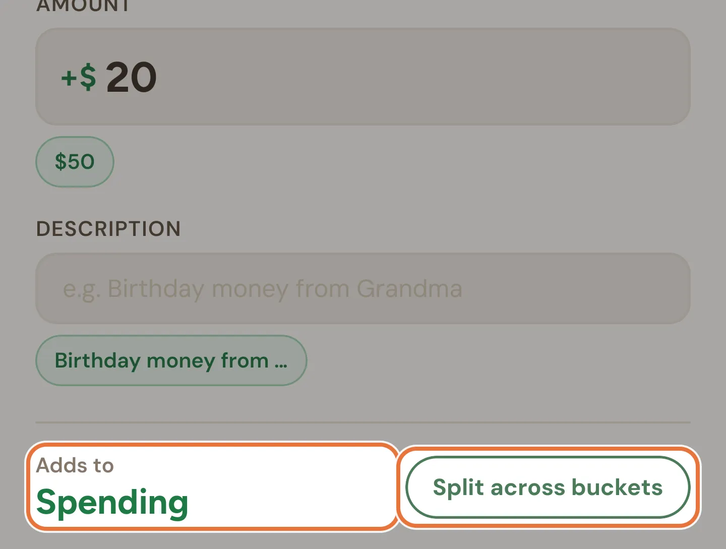Add Money sheet with an amount, a description, Adds to Spending and a Split across buckets button