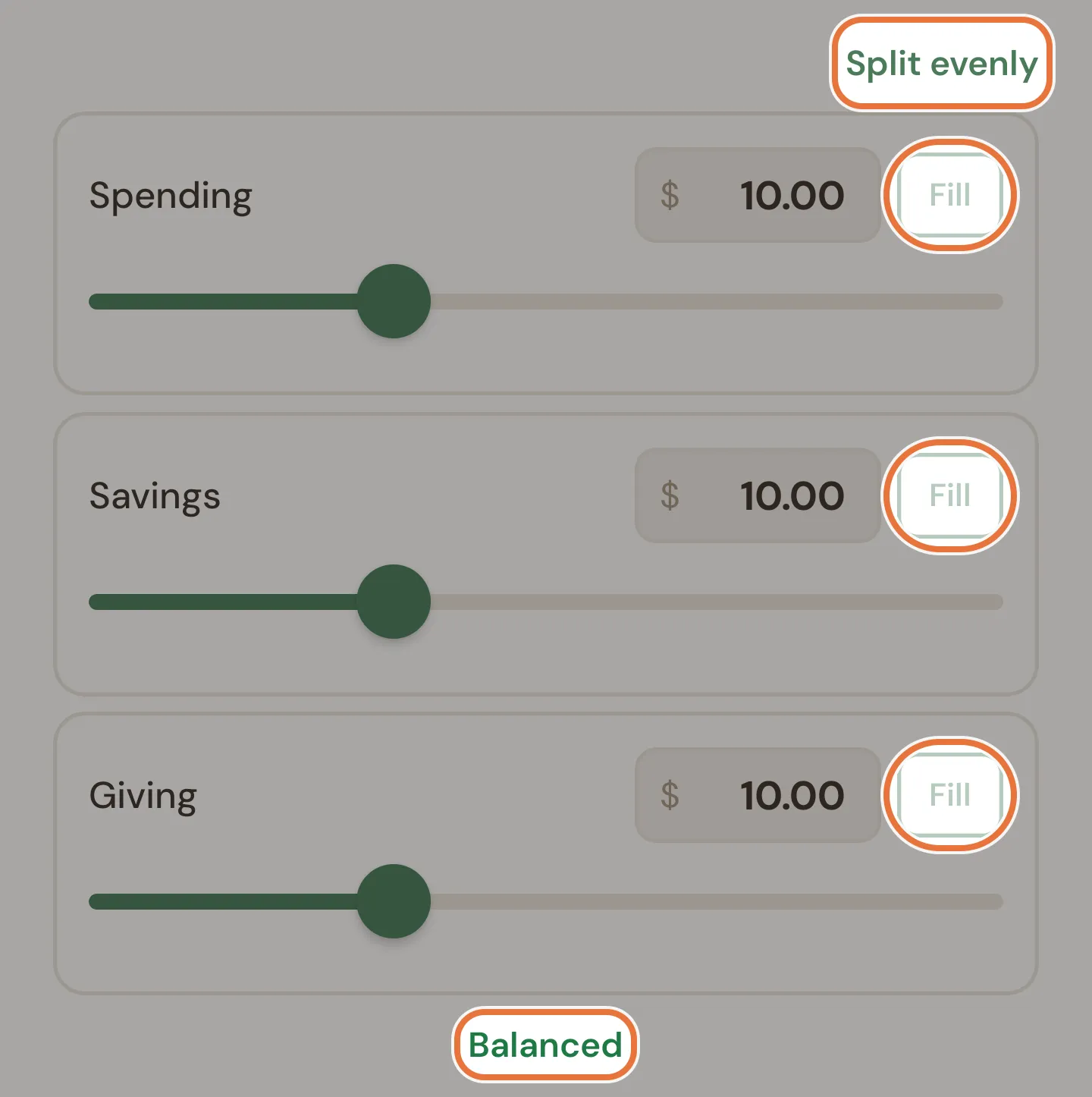 Bucket splitter with Spending, Savings and Giving rows, each with an amount, Fill and a slider, and Balanced underneath