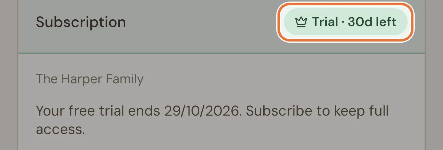 The top of the Subscription card with a Trial · 30d left pill, the family name and the date the free trial ends