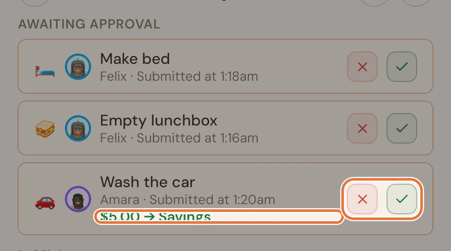 An Awaiting approval card for Wash the car showing $5.00 to Savings, with decline and approve buttons