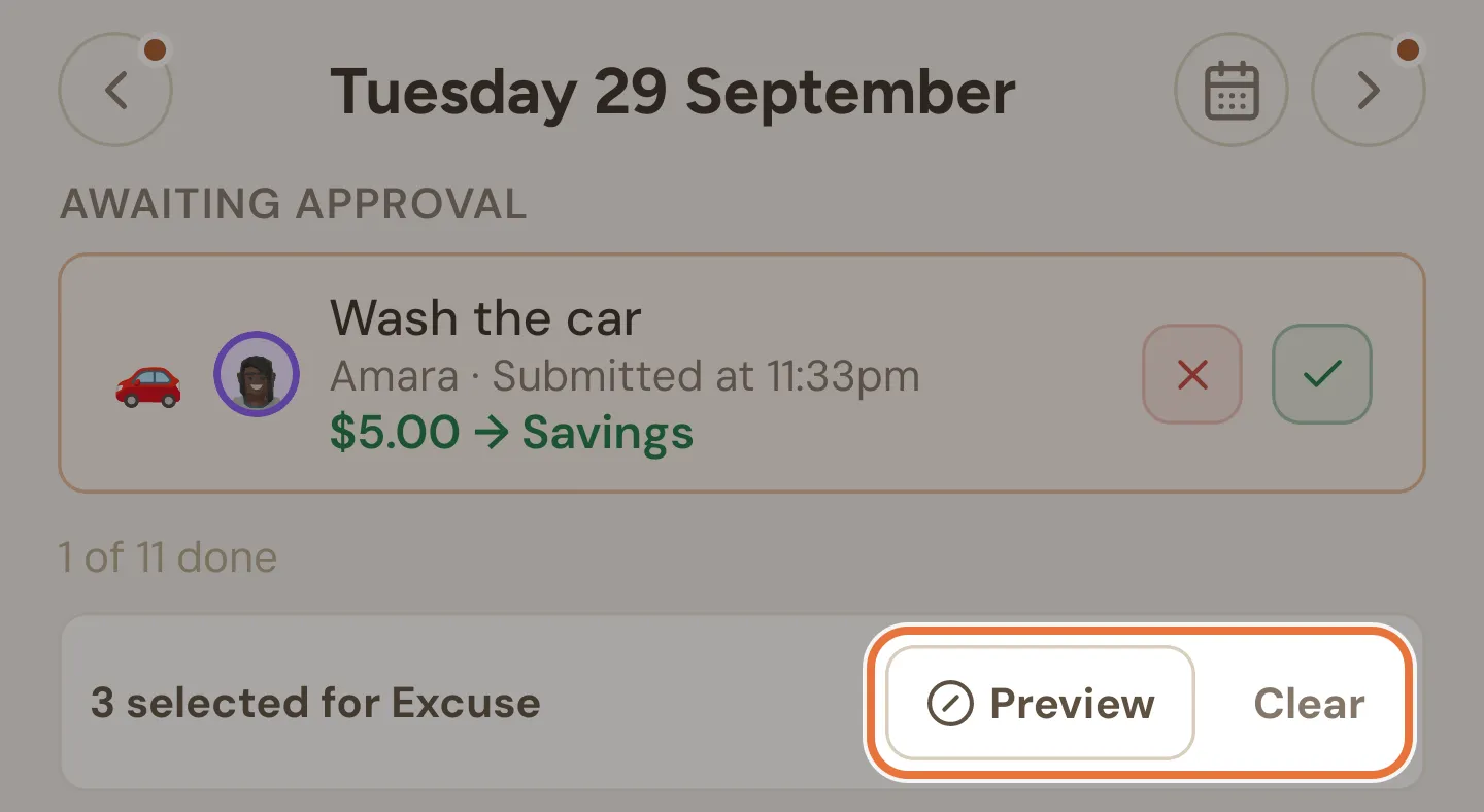 A bar reading 3 selected for Excuse, with Preview and Clear buttons