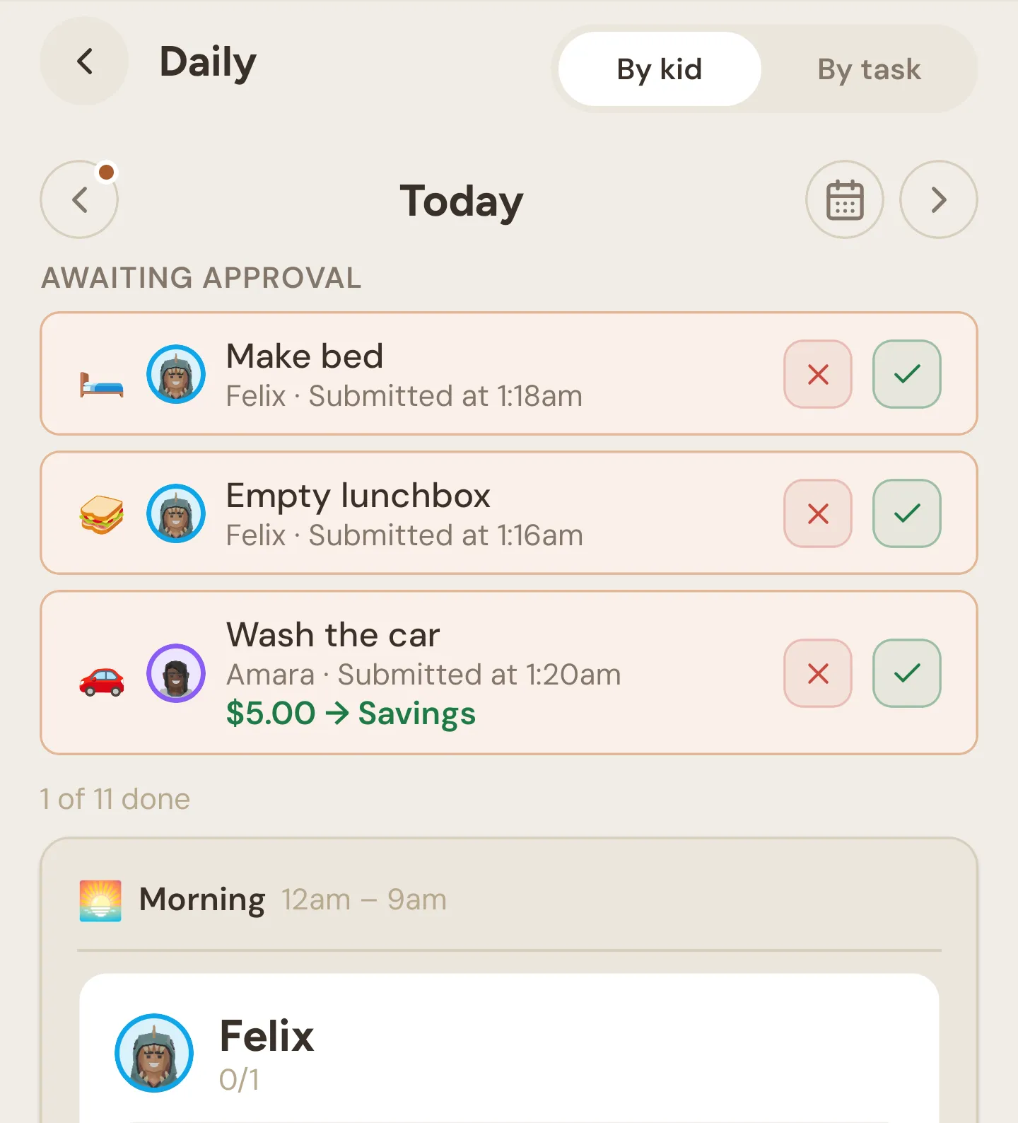 The Daily screen with the By kid and By task switch, the date bar, three Awaiting approval cards and the start of the Morning routine