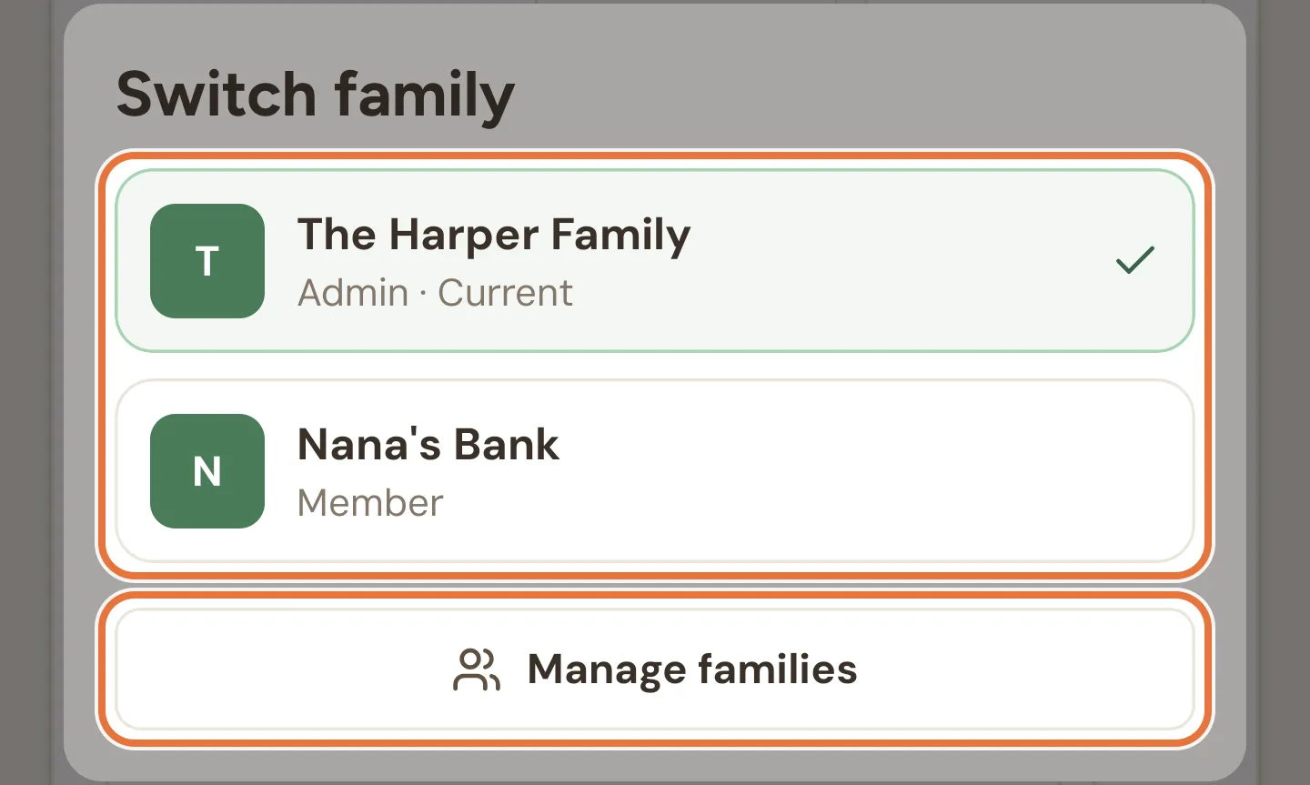 Switch family sheet listing two families with Admin and Member labels, the current one ticked, and a Manage families button