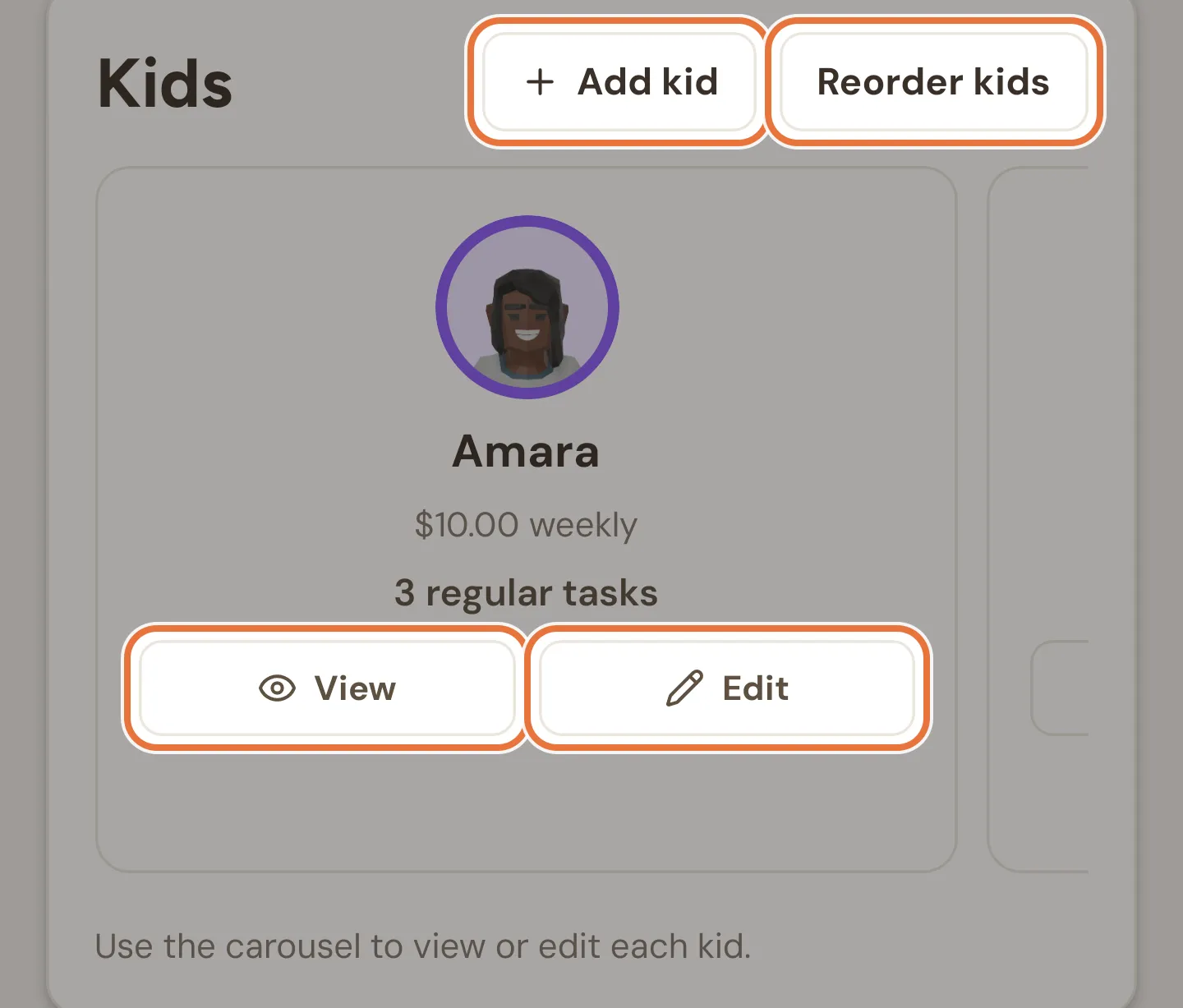The Kids card with a kid's avatar, pocket money and task count, View and Edit buttons, and the Add kid and Reorder kids buttons
