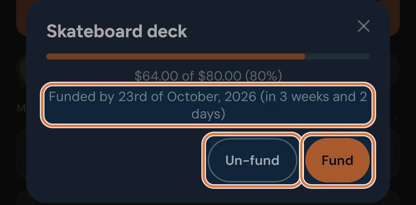 An expanded goal card with its photo, progress, a Funded by estimate, and Un-fund and Fund buttons