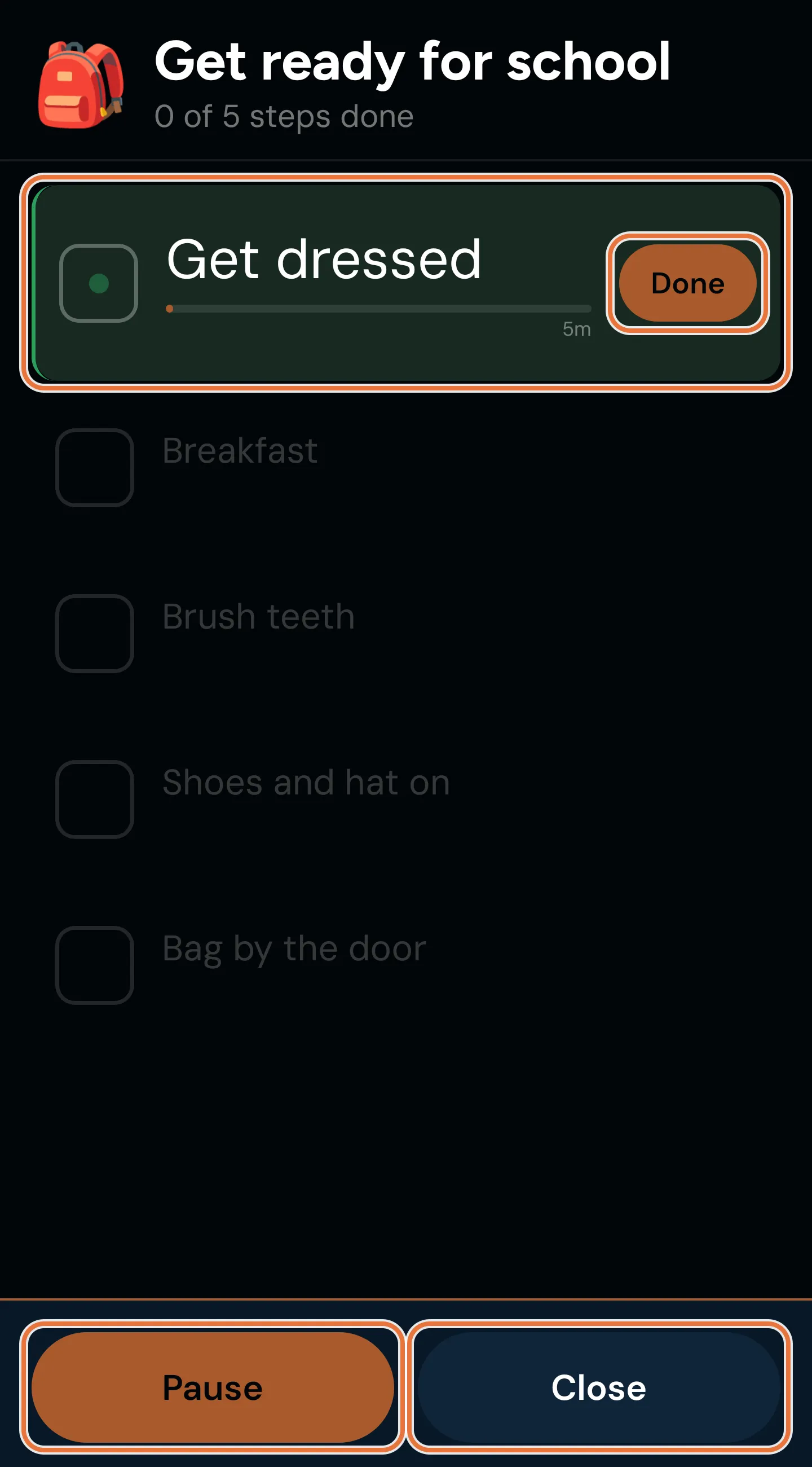A full-screen checklist with the current step highlighted, its Done button, and Pause and Close buttons along the bottom