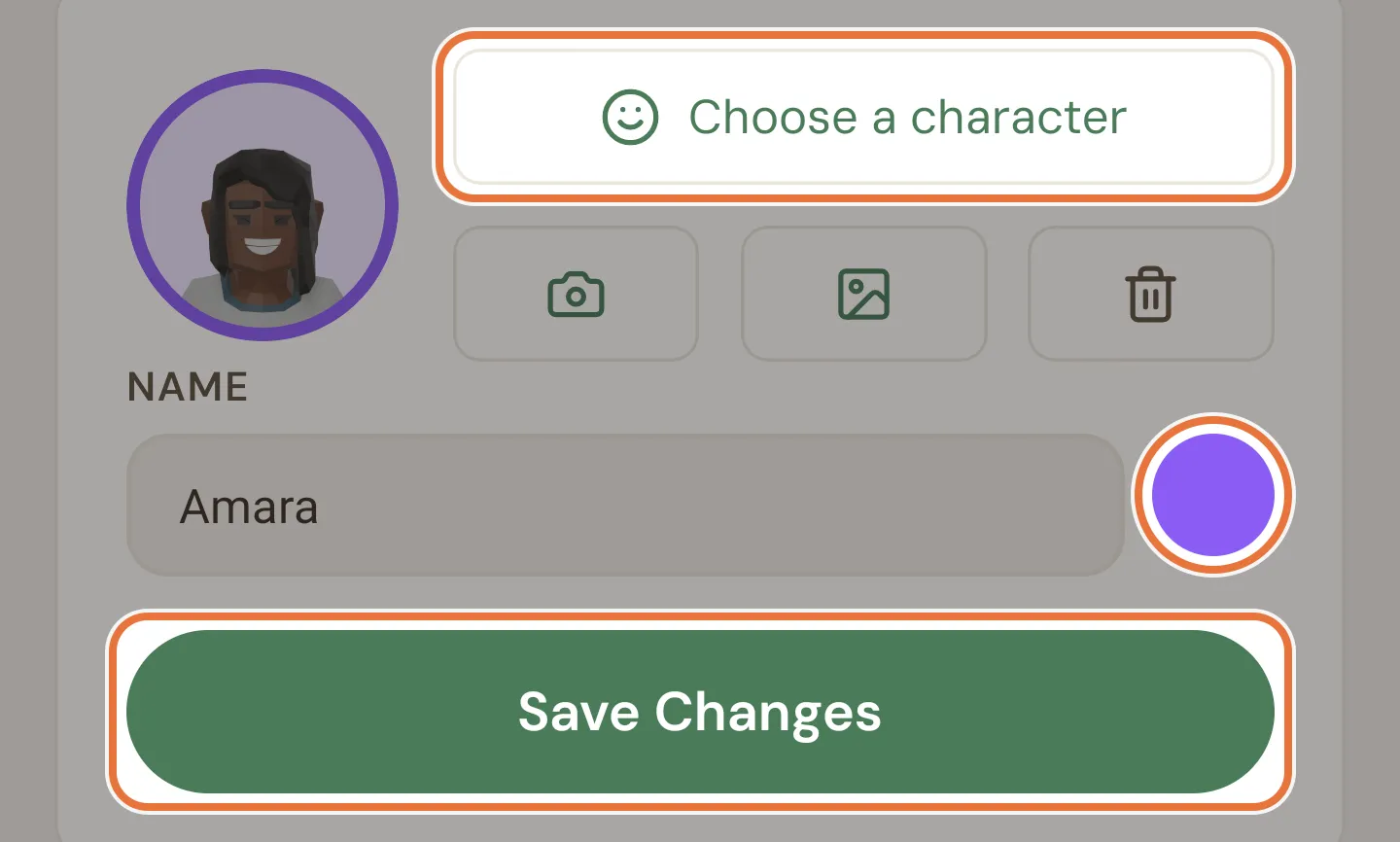 Profile card with the kid's avatar, Choose a character and photo buttons, the name field with a colour dot, and Save Changes
