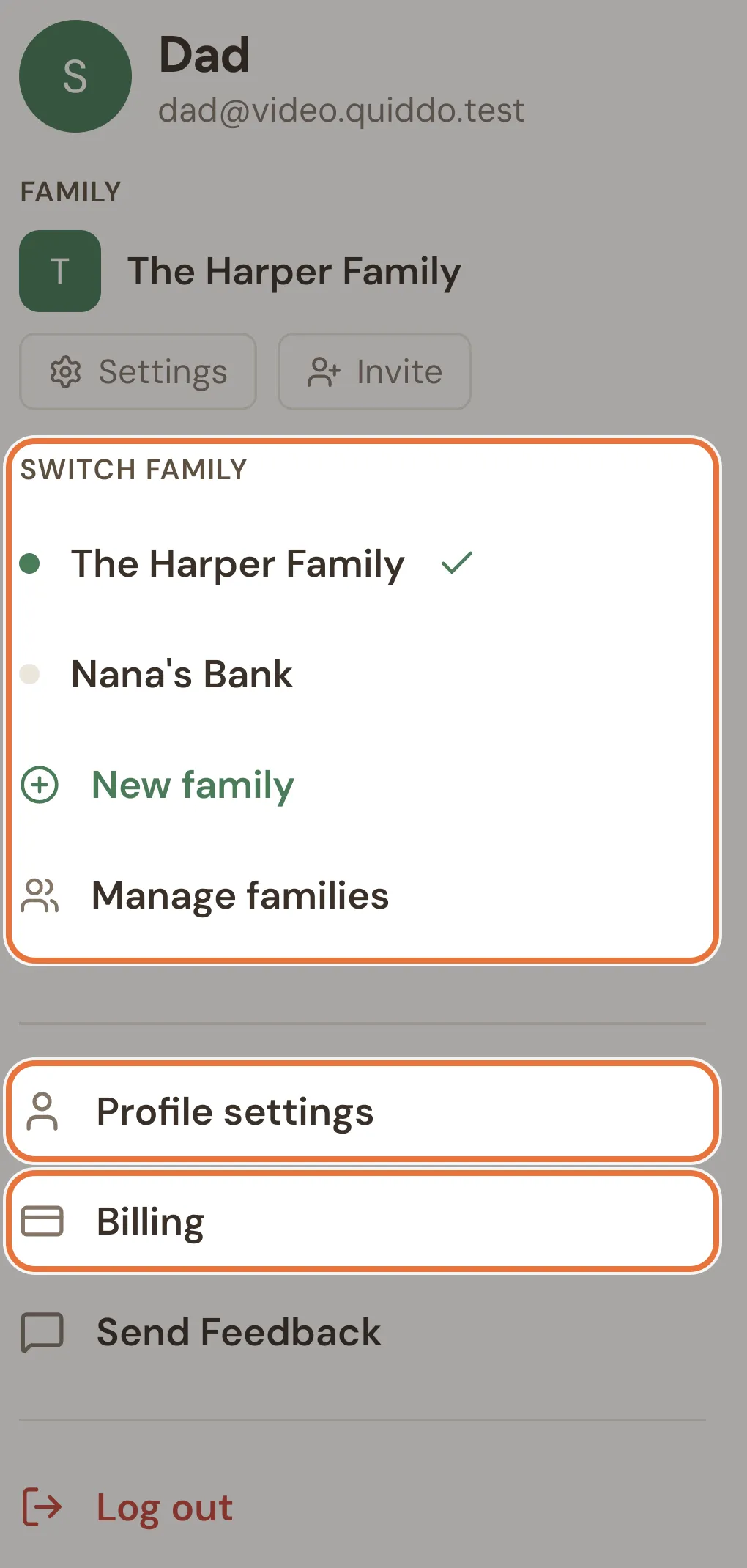 The profile menu panel with your name and email, the family section, the family list, and Profile settings, Billing, Send Feedback and Log out