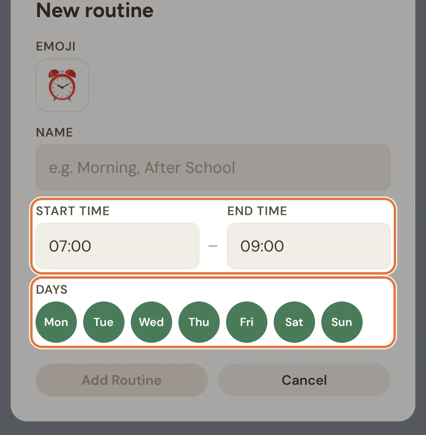 New routine form with an emoji, a name, start and end times and day chips from Mon to Sun