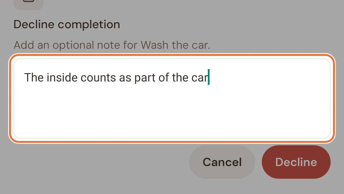 Decline completion sheet with an optional note field and Cancel and Decline buttons