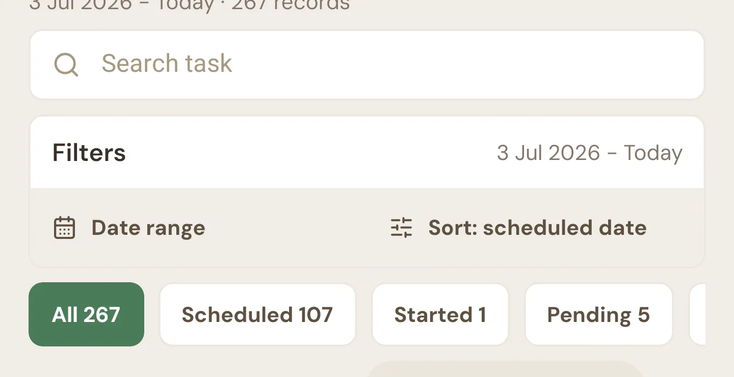 Task Completions with a search box, a Filters panel and status chips such as All, Scheduled, Started and Pending, each with a count