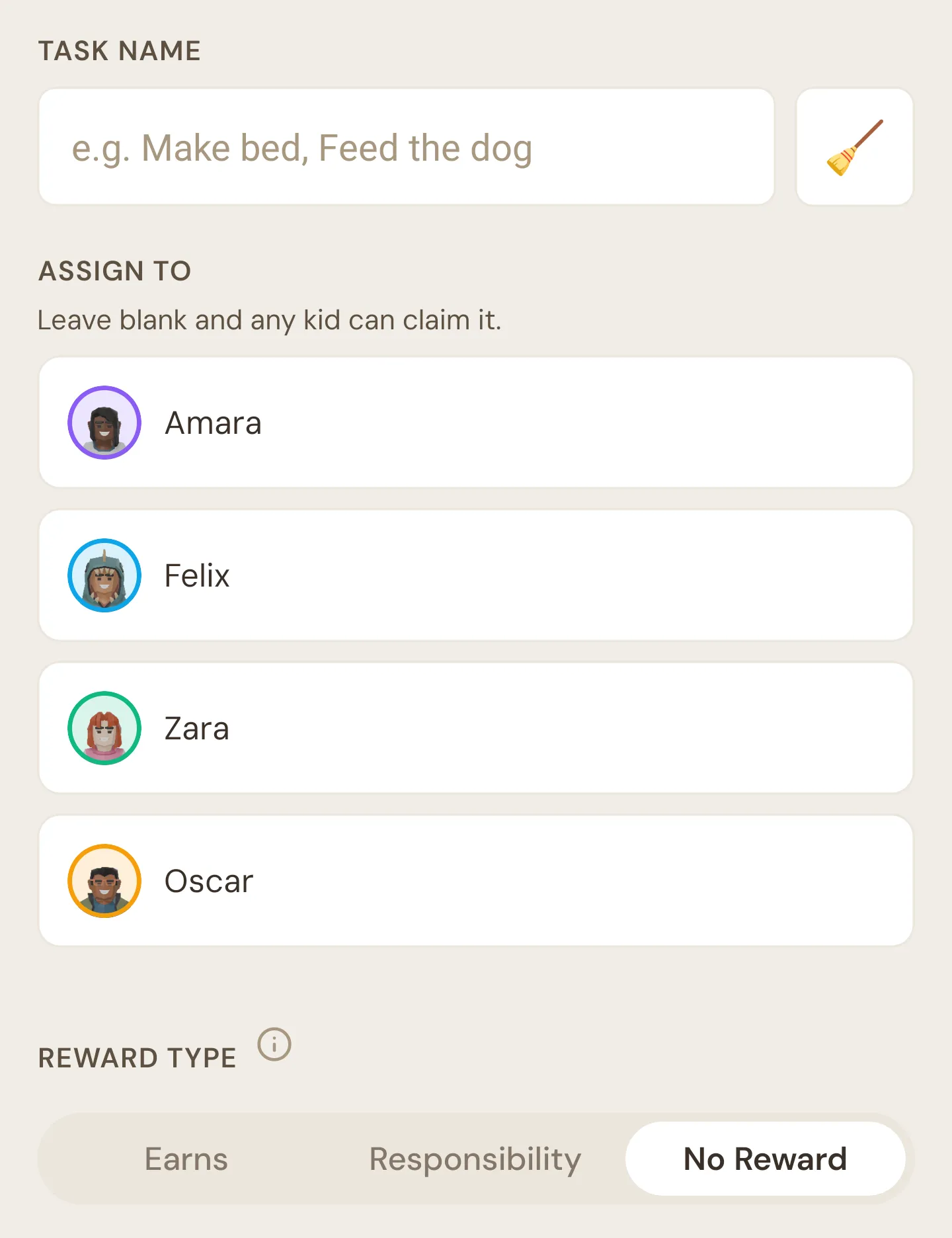 The New Task form with the task name, emoji button, Assign to list and Reward type pills