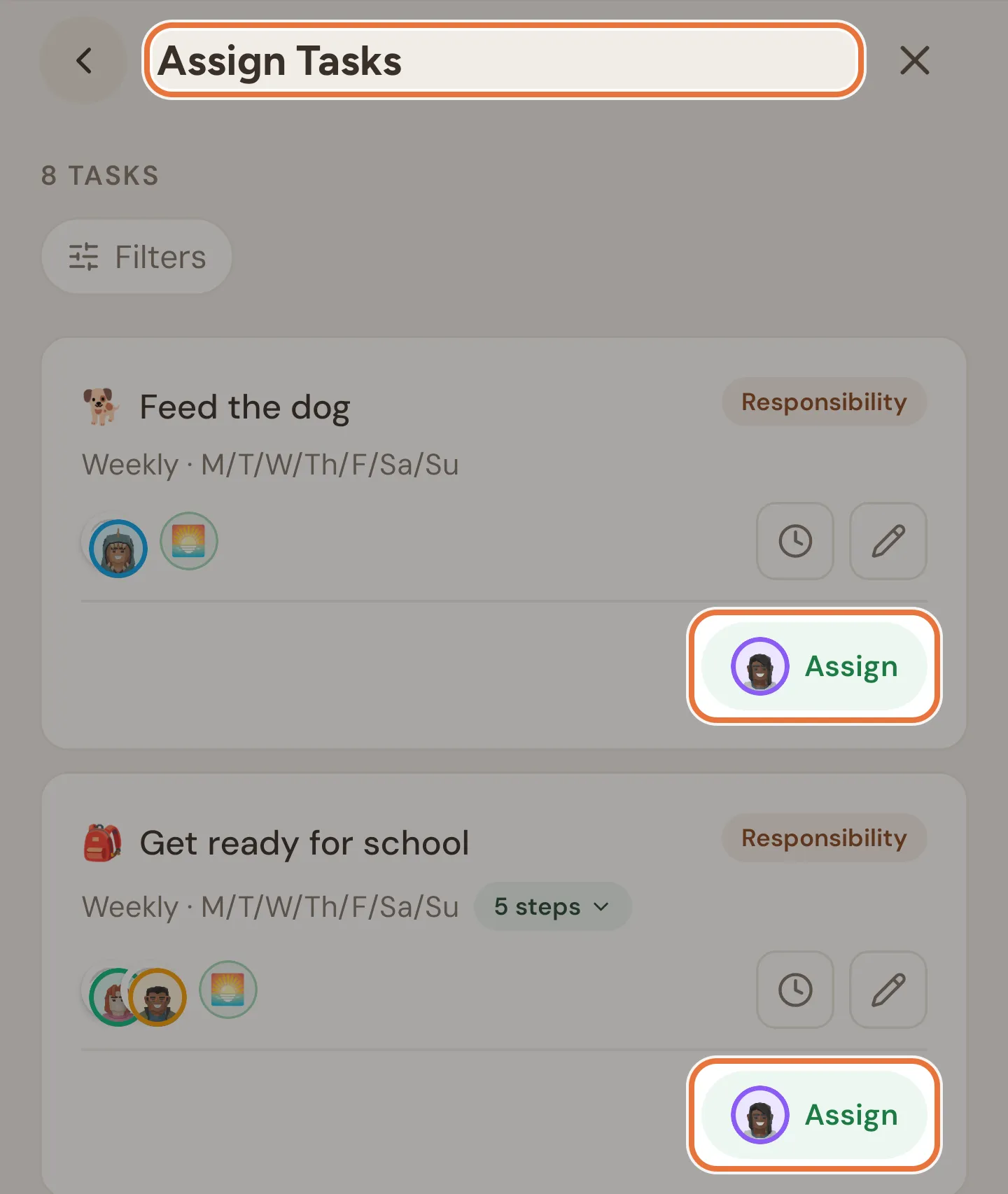 Task list in assign mode titled Assign Tasks, with an Assign pill showing the kid's picture on each card
