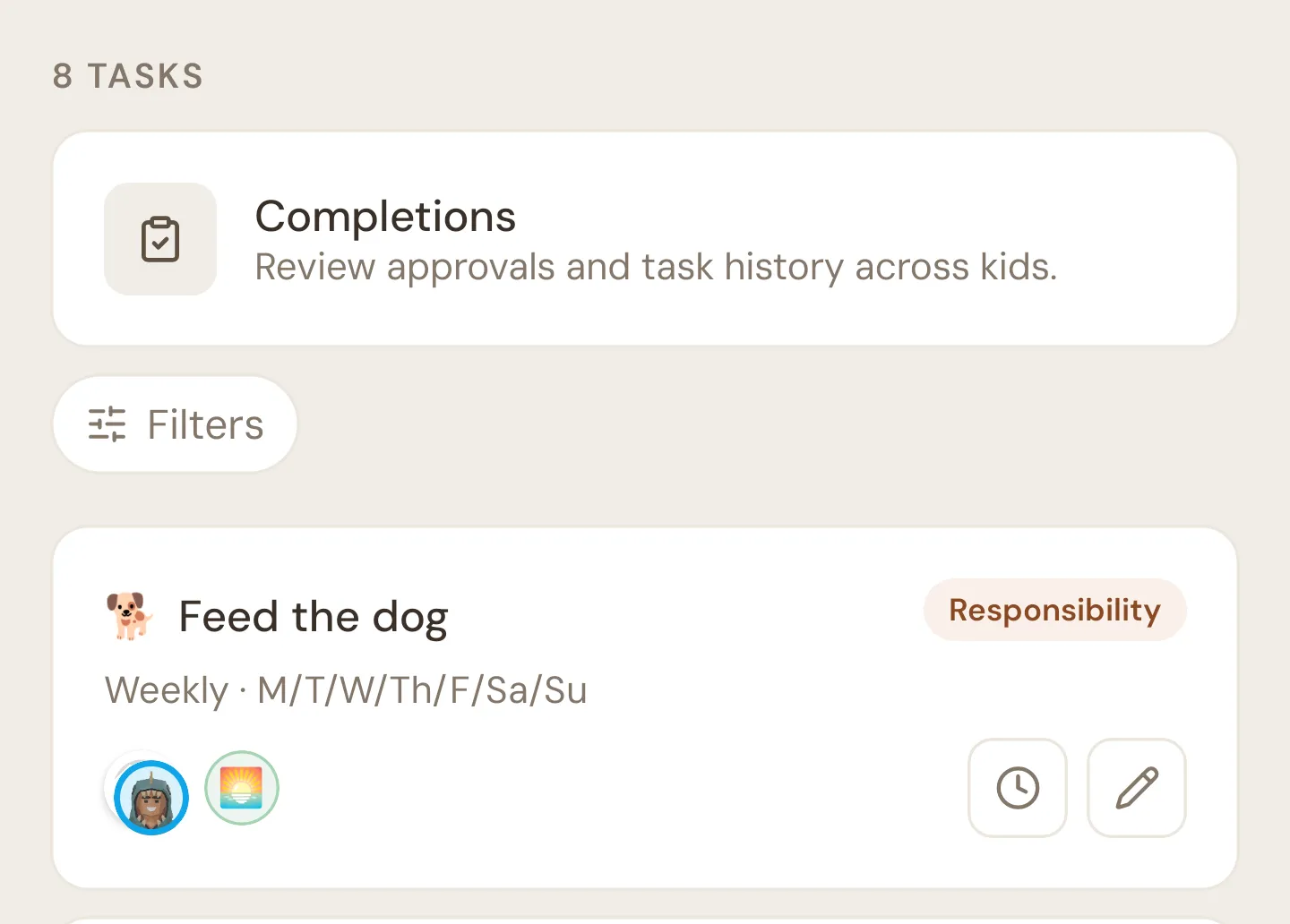 The Tasks screen with the task count, the Completions shortcut, the Filters button and the first few task cards