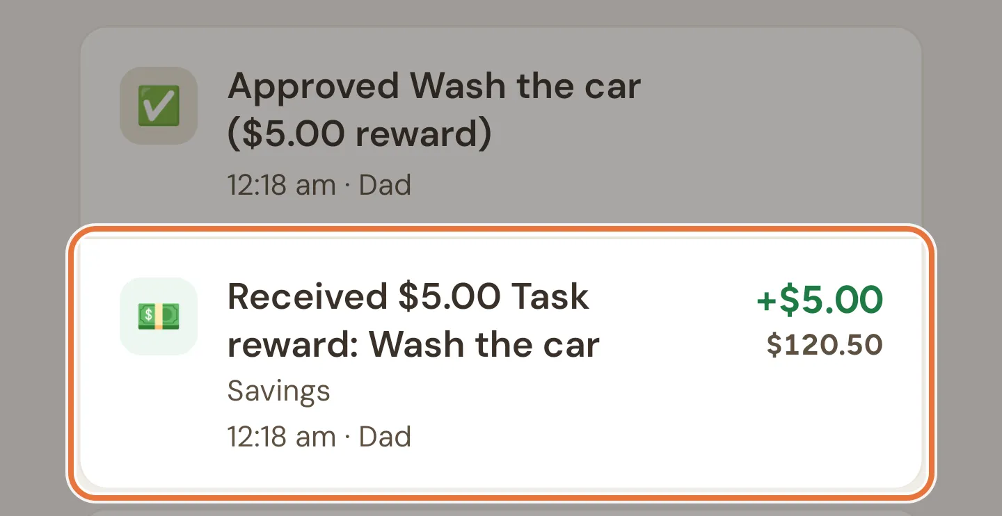 History row reading Received $5.00 Task reward: Wash the car, into Savings