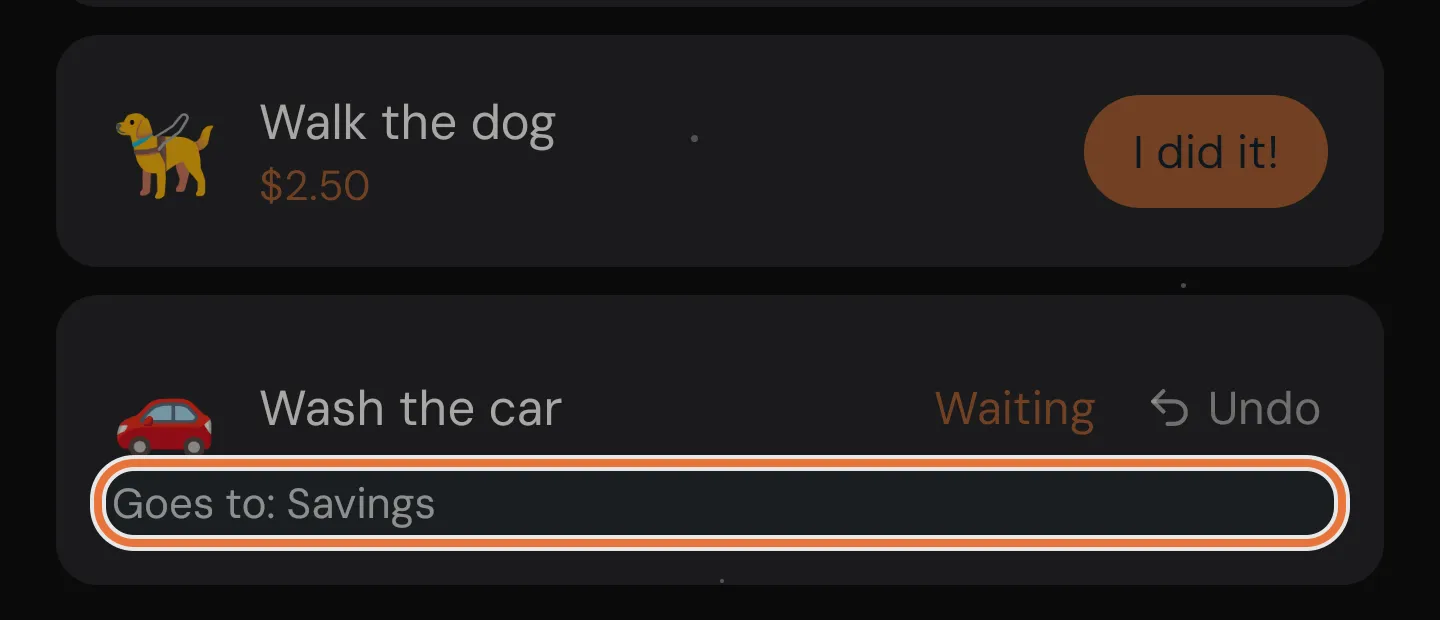 A paid task card showing Waiting and Goes to: Savings
