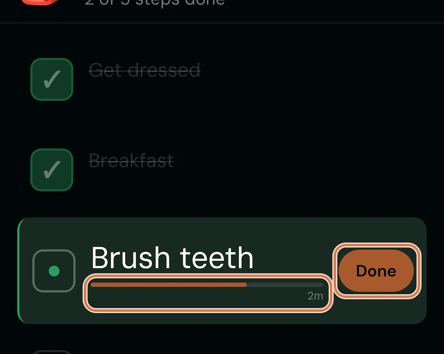 The current step with its countdown bar and a Done button, with the finished steps ticked above