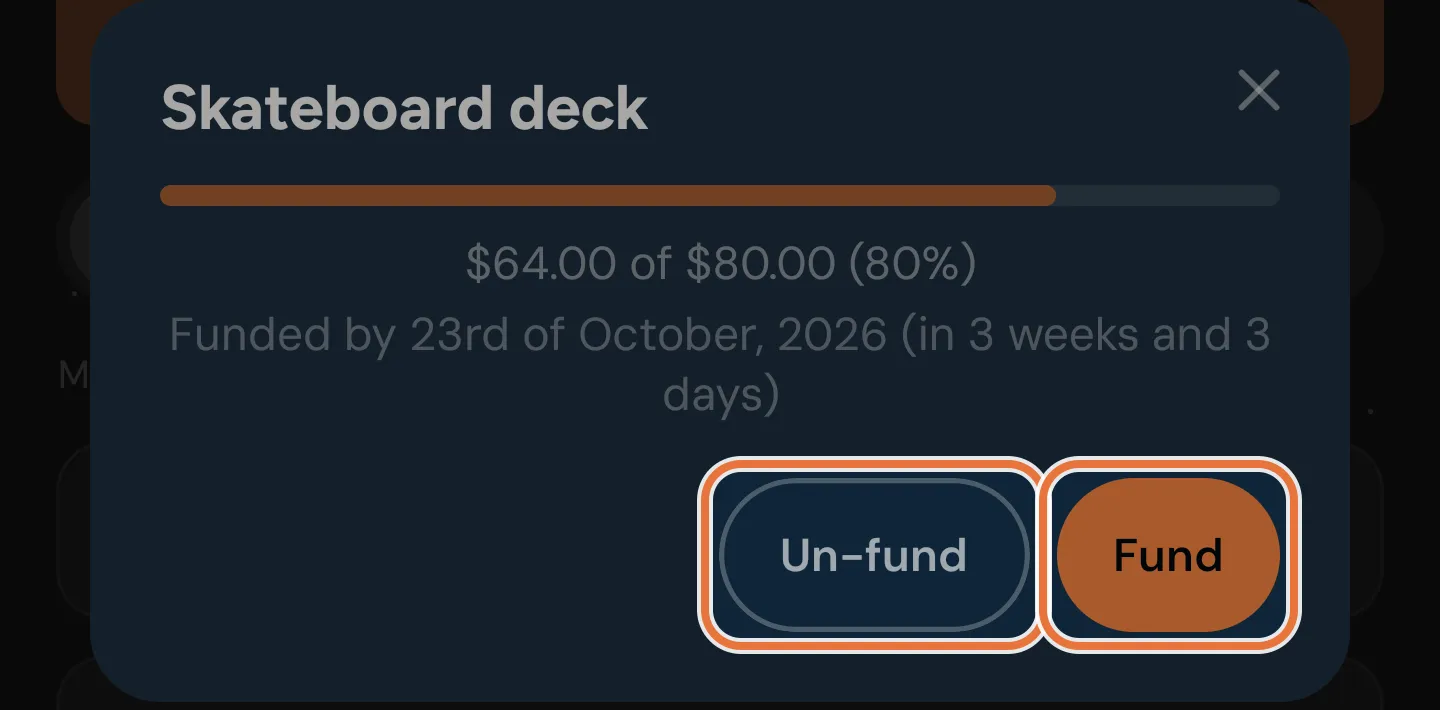 A goal opened in the Kid Portal with its progress, an estimated funded-by date, and Un-fund and Fund buttons