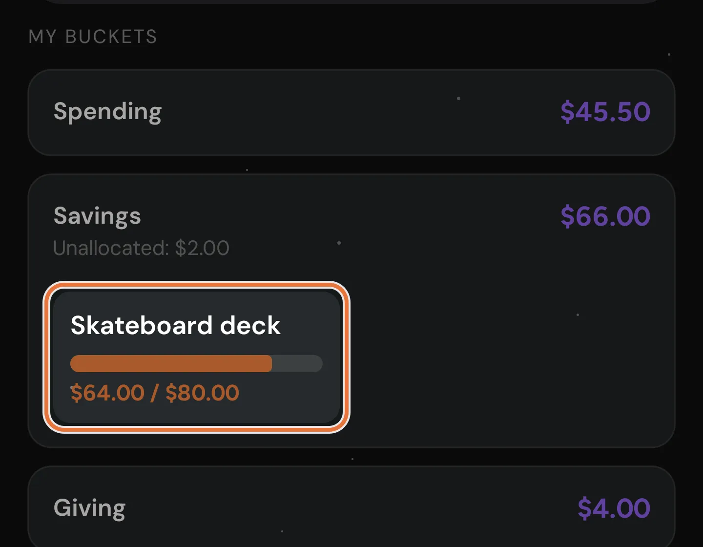 My Buckets in the Kid Portal, with a goal card inside the Savings bucket and an Unallocated line