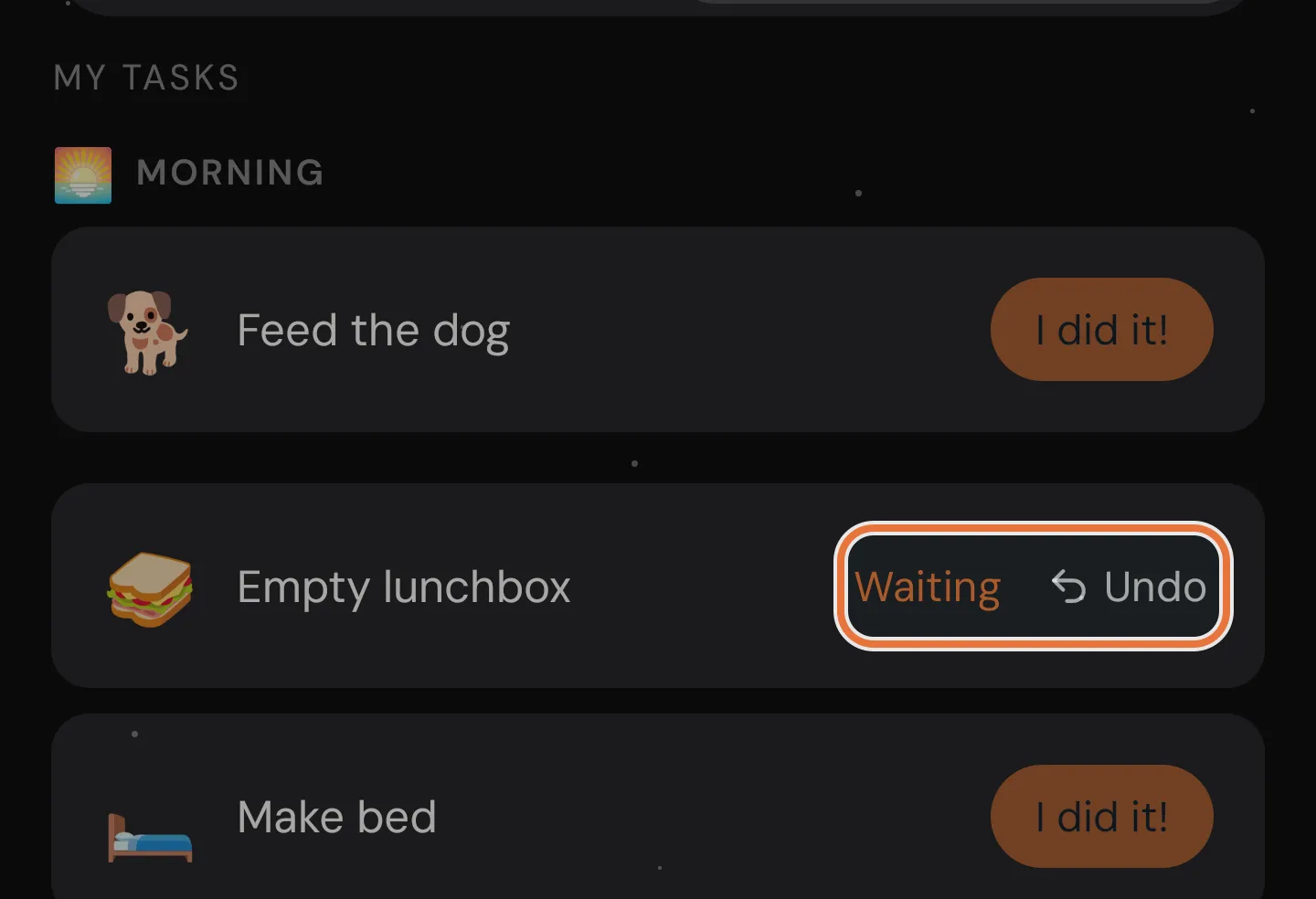 A kid's task card showing Waiting with an Undo button