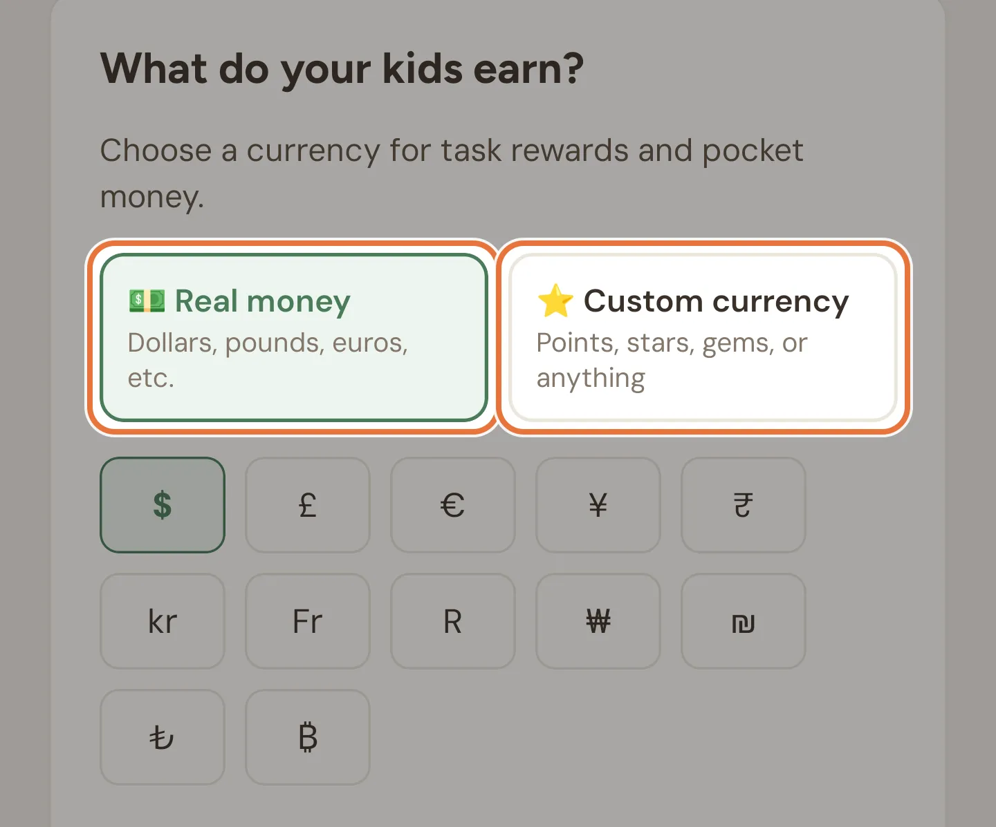 Currency step with a Real money option and a Custom currency option
