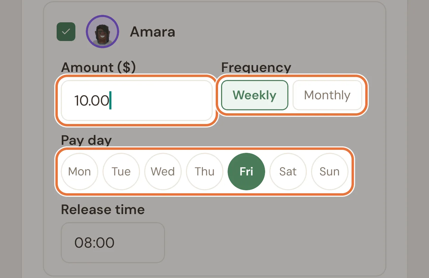Pocket money step with a kid ticked, an amount, Weekly selected and a pay day picker