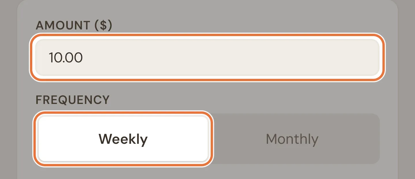 Schedule form with the amount field and the weekly or monthly toggle