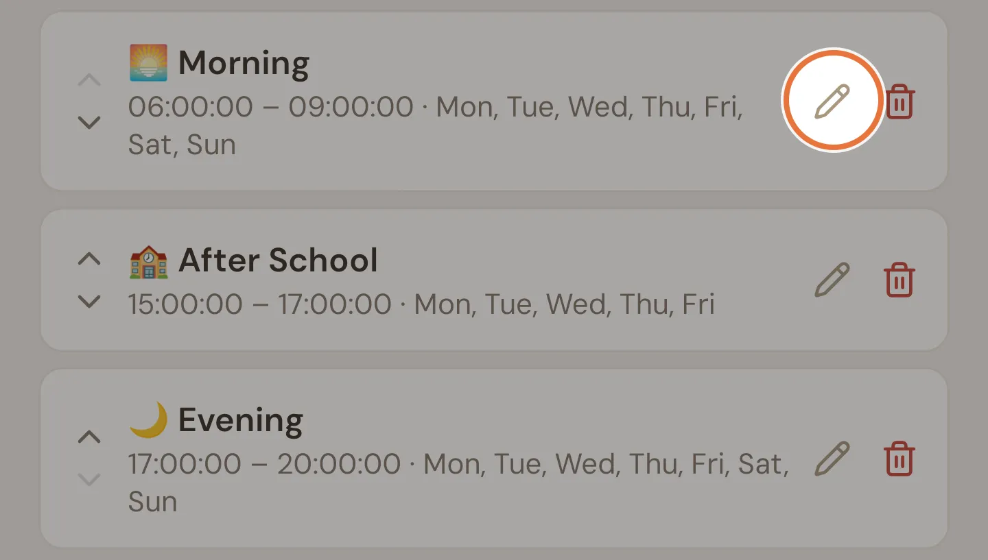 Routine cards for Morning, After School and Evening, each with edit, delete and reorder buttons