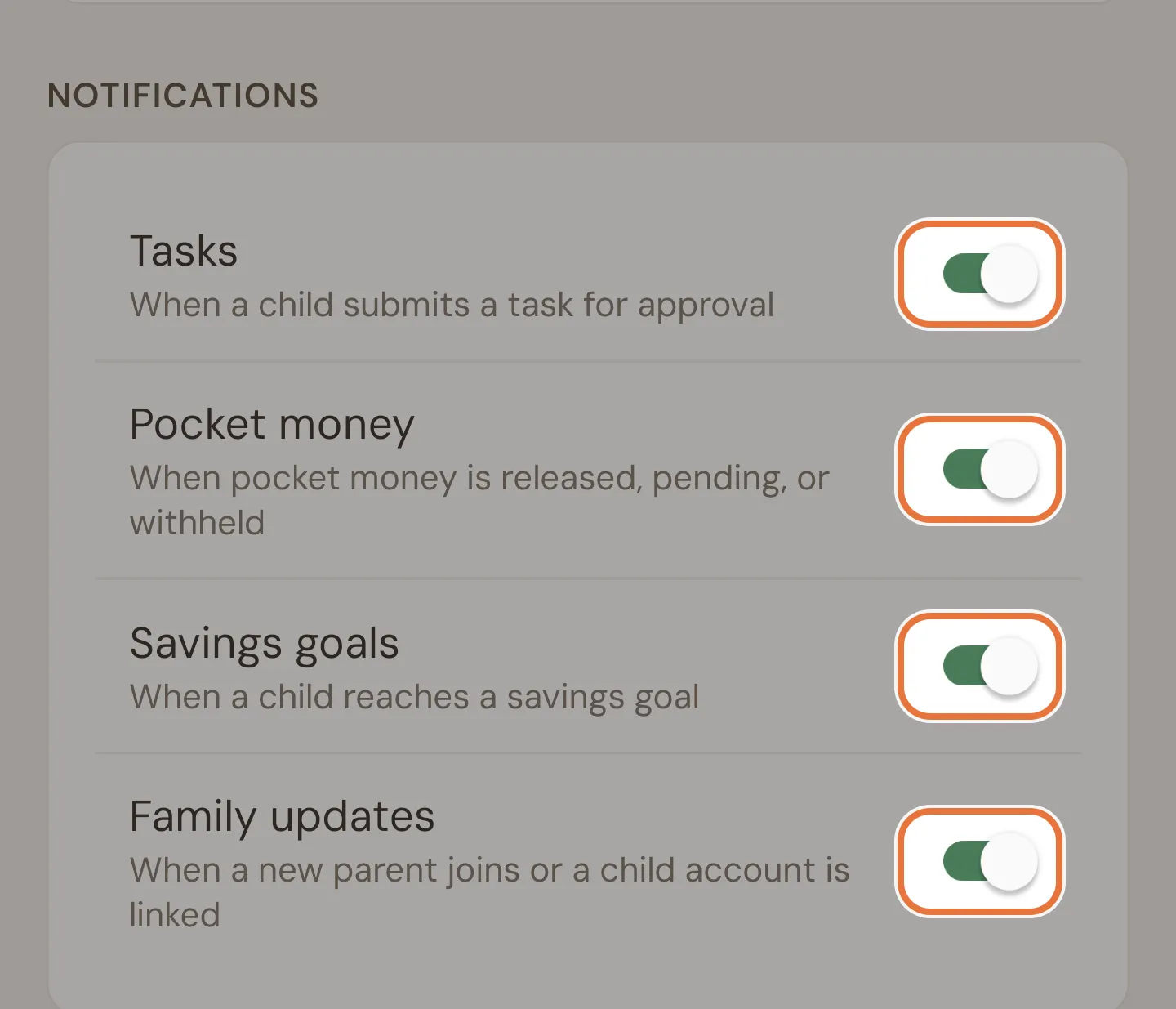 Notification settings with switches for Tasks, Pocket money, Savings goals and Family updates