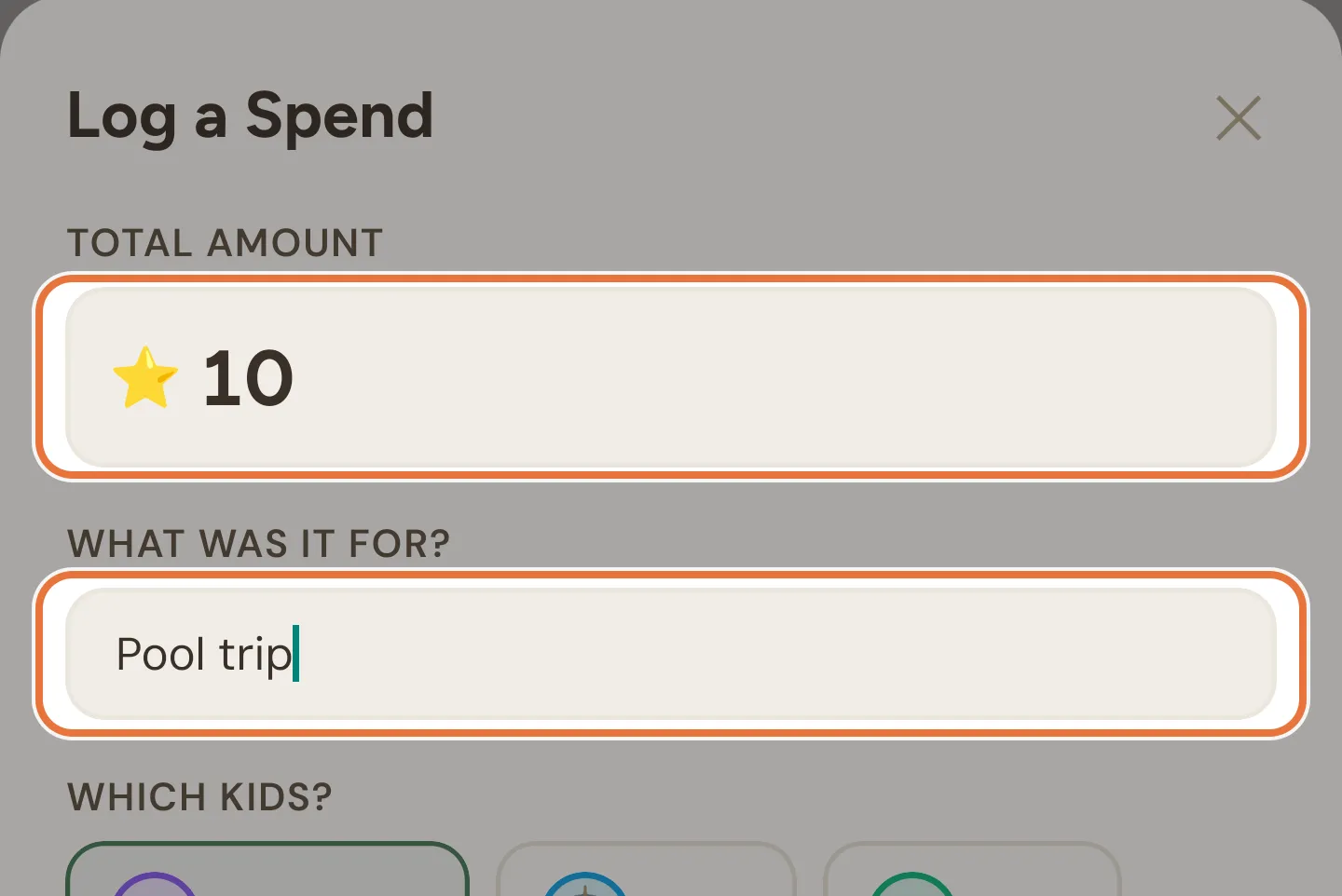 Spend sheet with 10 stars entered and Pool trip as the description