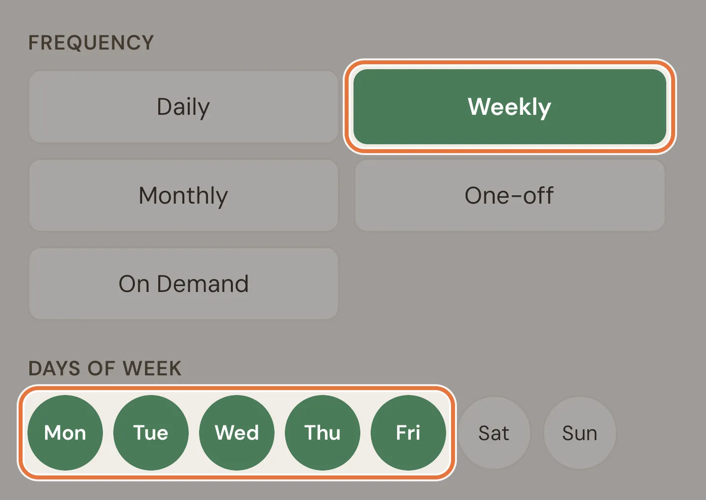 Frequency options with Weekly selected and Monday to Friday ticked