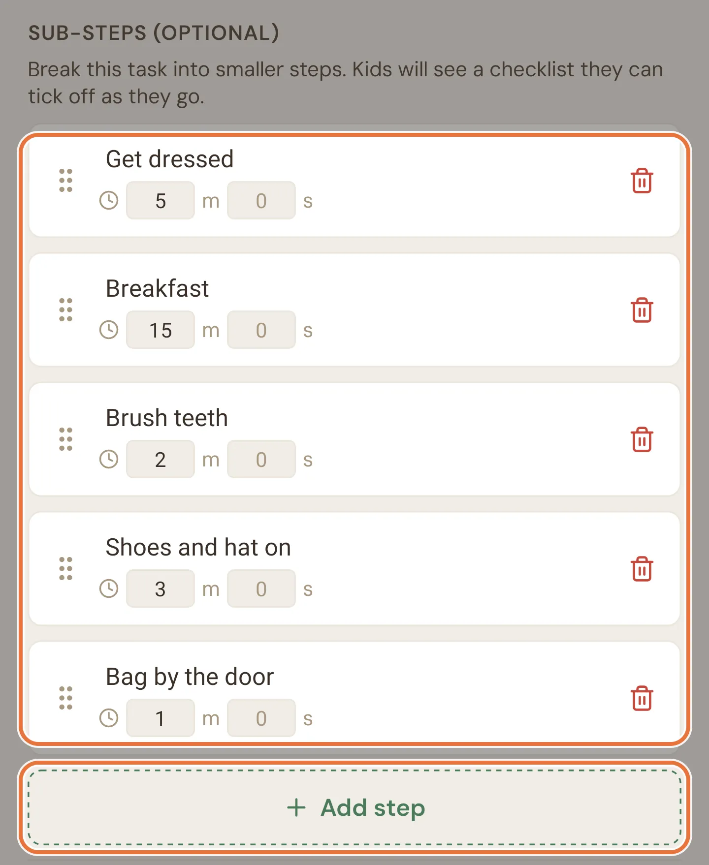 Sub-steps list with five steps, each with a drag handle, minutes and seconds boxes and a delete button