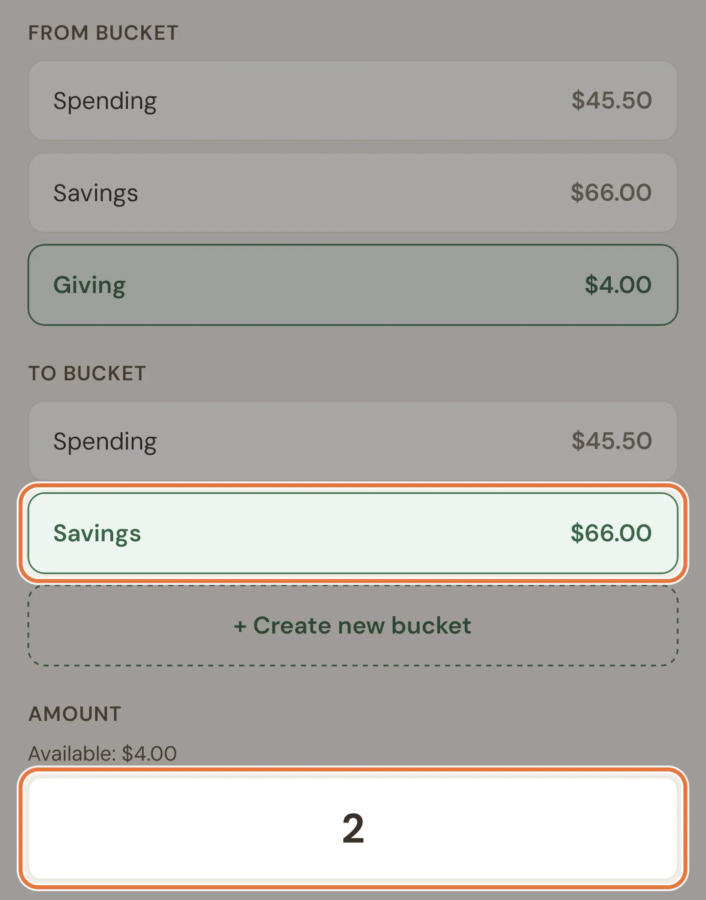Transfer form with From Giving, To Savings and an amount